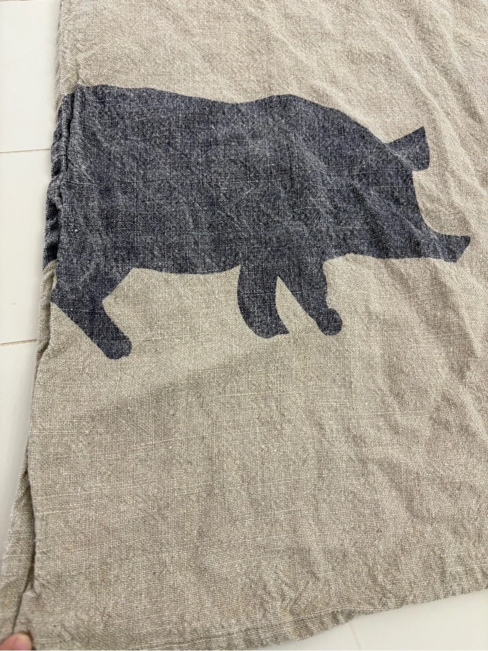Crate and Barrel Beige Linen Apron with Navy Pig Graphic